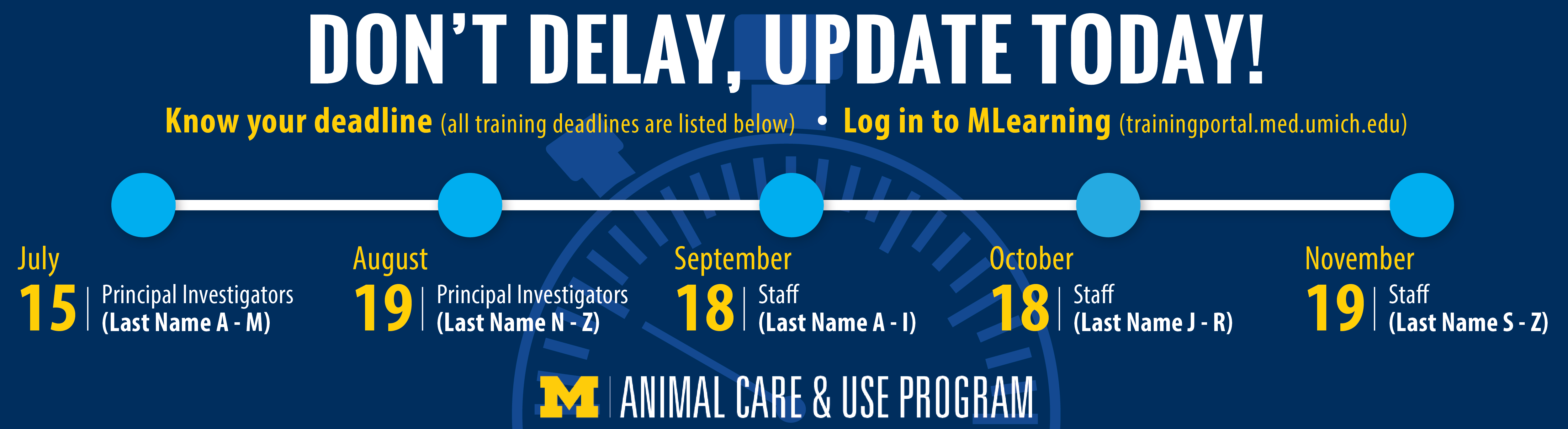 Infographic outlining deadlines for new animal care and use training requirement