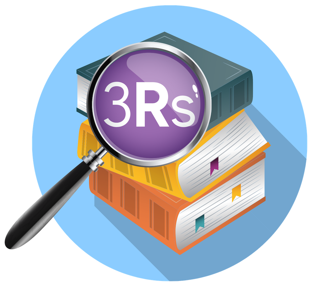 Icon of magnifying glass reviewing stack of textbooks with 3Rs highlighted