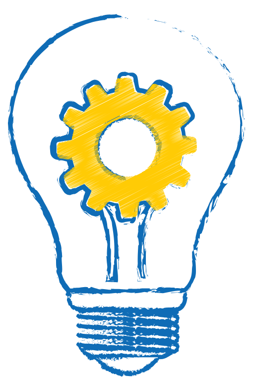 Yellow cog in blue lightbulb sketched icon