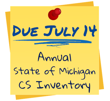 Yellow sticky note with handwritten reminder July 14: Annual State of Michigan CS Inventory Due