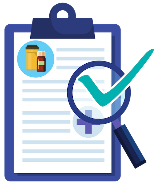 Checklist icon with magnifying glass to check for drug shortages
