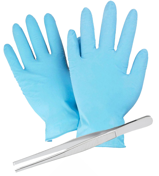Image of blue laboratory gloves with small pair of silver forceps for cage changing
