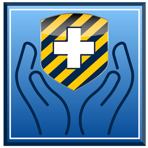 Handle with Care blue and yellow hands icon with hazards health shield