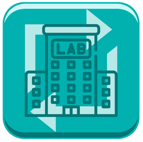 Green icon with outlined lab building and circular arrows showing research ramp-up