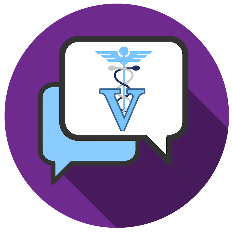 Purple circle with conversation bubble and veterinary consultation icon