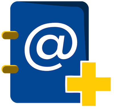 Blue email address book with plus icon