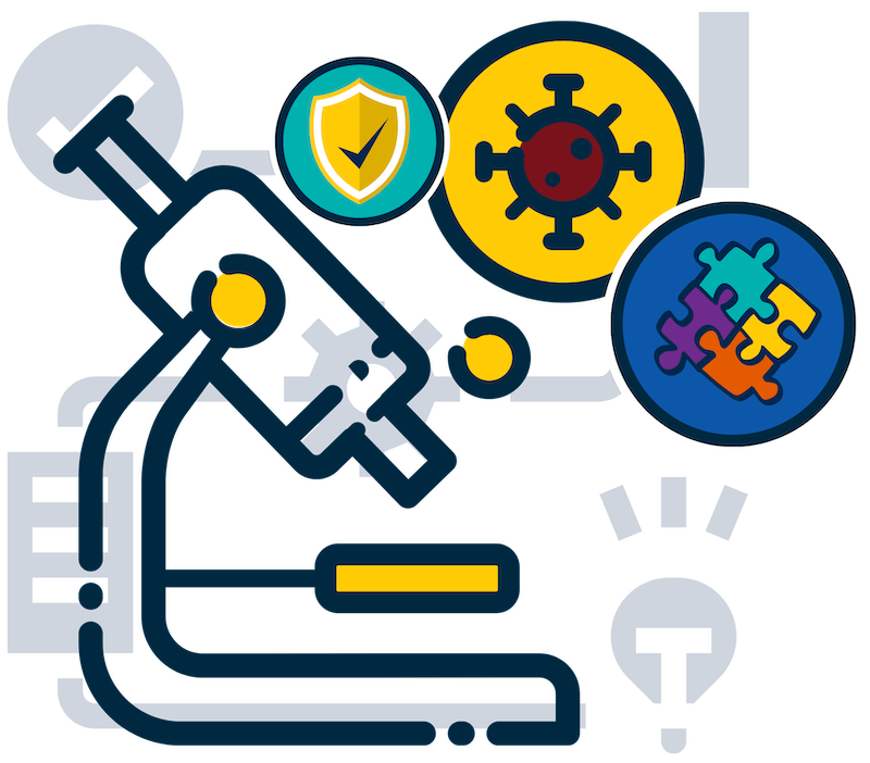 Microscope icon with colorful covid, shield, and puzzle buttons