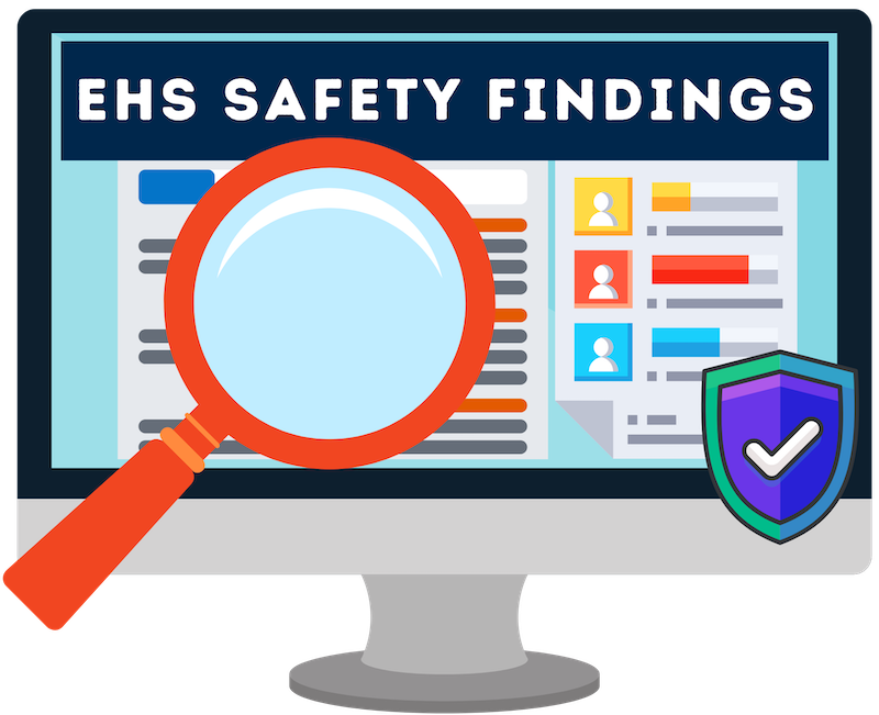 Computer screen illustration with magnifying glass reviewing simulated EHS safety findings