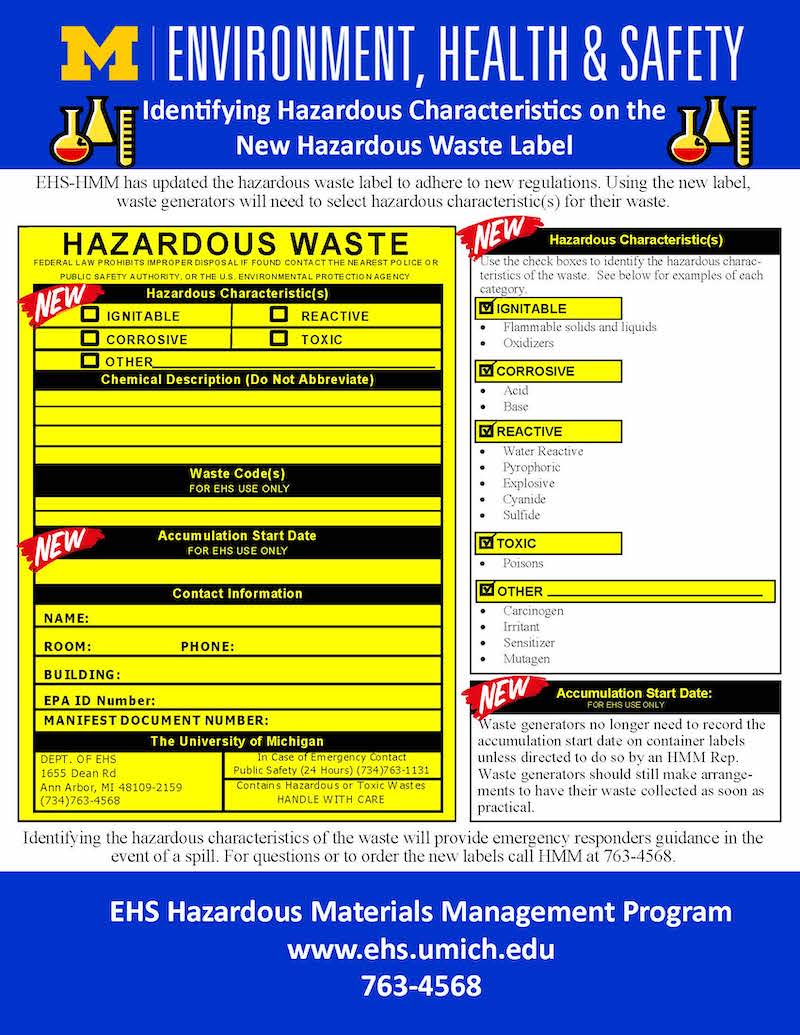 Sample of updated yellow hazardous waste label for use in labs – Updated October 2020