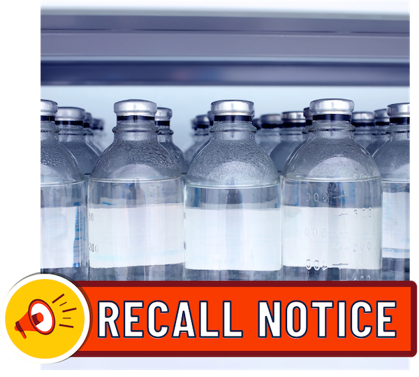 Picture of saline bottles with overlaid recall notice text