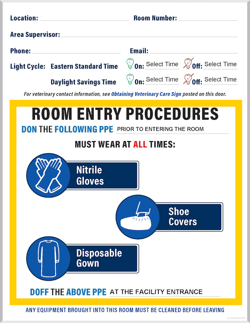 Example of room entry sign with required PPE icons for room highlighted