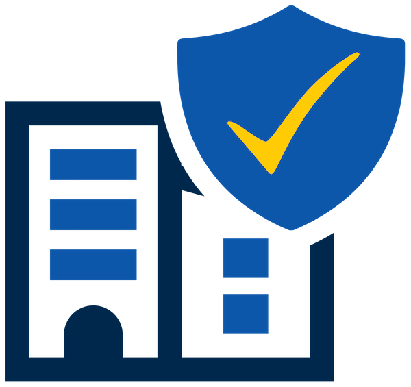 Building icon with security shield check mark