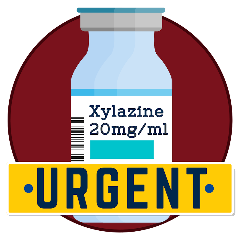 Vial of 20mg/ml Xylazine with urgent warning icon