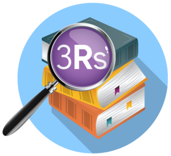 Icon of magnifying glass reviewing stack of textbooks with 3Rs highlighted