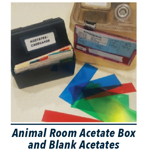 Picture of animal room acetate box with multi-colored blank acetates