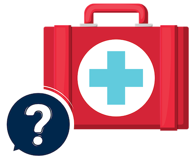 First aid kit icon with blue question mark bubble