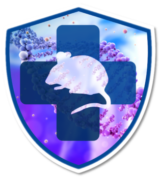 Shield with computer generated image of DNA and silhouette of mouse and health cross