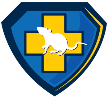 Blue shield with health icon and rat silhouette