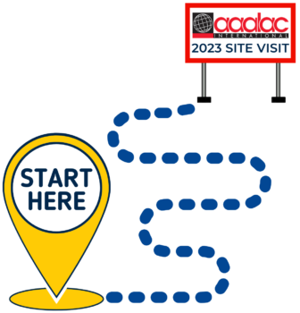 Yellow start here map icon with path to AAALAC 2023 Site Visit sign