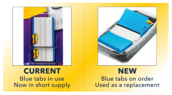 Side by side photo comparison of current and new blue tabs used to identify single housed animals