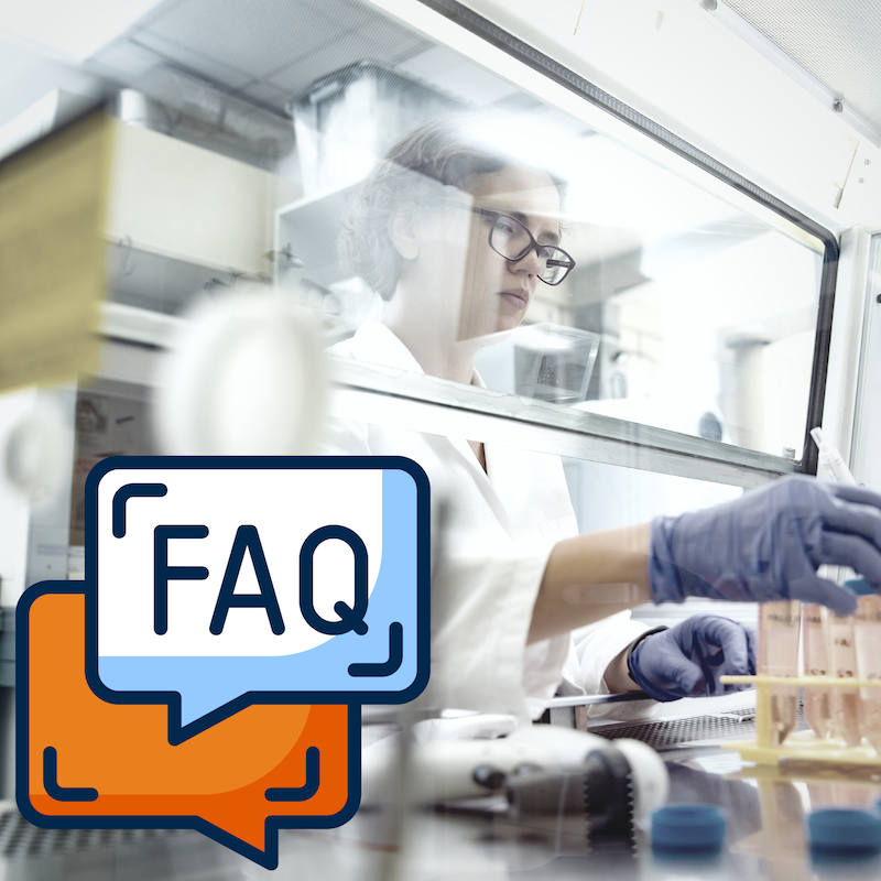 Image of woman working with samples under a biosafety cabinet hood. FAQ icon over top of image