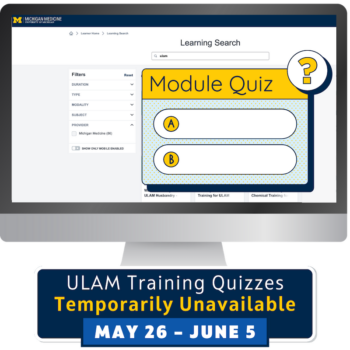 Computer screen with Cornerstone Learning Quiz Module and dates for temporary quiz unavailability