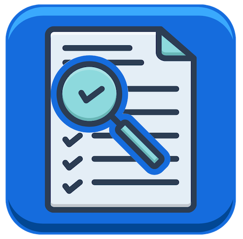 Blue document review icon with magnifying glass and checklist