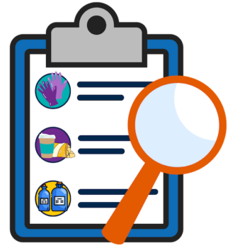 Inspection checklist on clipboard with PPE, food and drink, and chemical storage icons