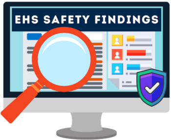 Computer screen illustration with magnifying glass reviewing simulated EHS safety findings