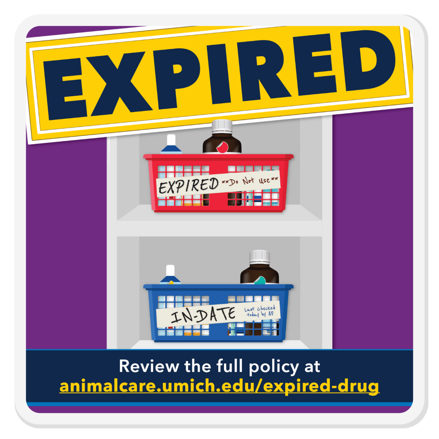 Icon showing expired and in-date drugs separated on a shelf with a link to the Policy on the Use of Expired Drugs and Medical Materials in Animals