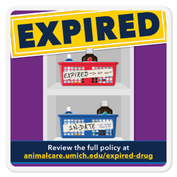 Icon showing expired and in-date drugs separated on a shelf with a link to the Policy on the Use of Expired Drugs and Medical Materials in Animals