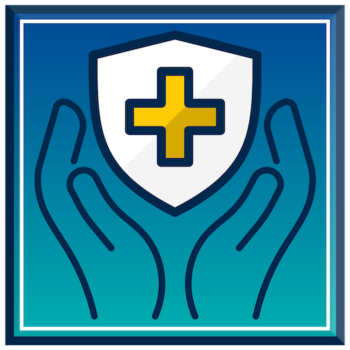 Handle with Care blue and green hands icon with yellow health shield