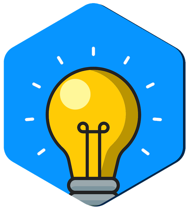 Quick tip icon with yellow lightbulb in blue hexagon