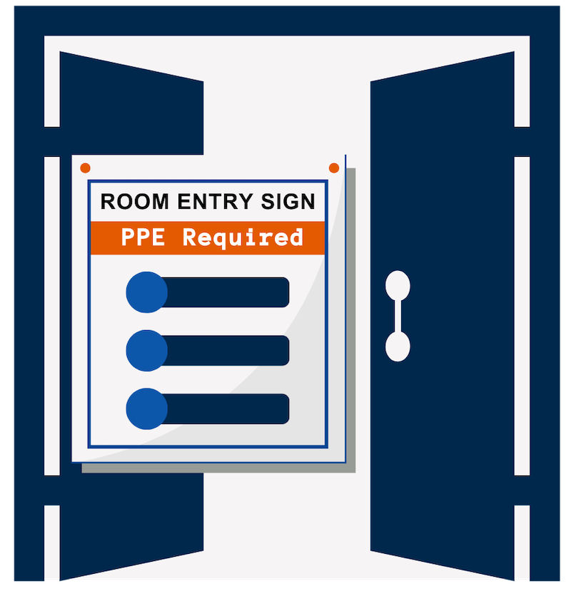 Icon of doors opening into facility with room entry sign