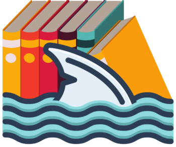 Shark fin swimming in front of books icon