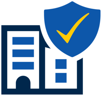 Building icon with security shield check mark