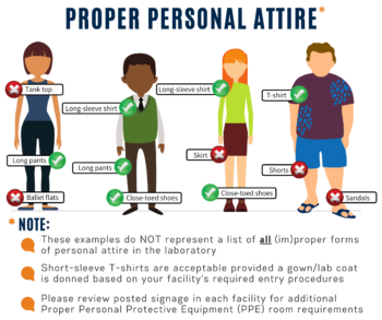 Infographic showing proper personal attire for the laboratory