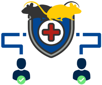 Personnel icons with lines leading back to mouse icons overlaid on animal health shield icon