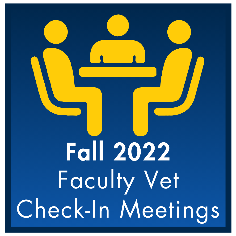 Icon of people sitting around meeting table with Fall 2022 Faculty Vet Check-In Meetings text underneath