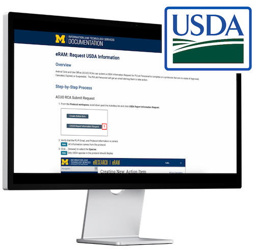 Desktop computer with eRAM: Request USDA Information screen and USDA logo