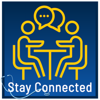 Icon of people sitting at table having conversation with Stay Connected text underneath