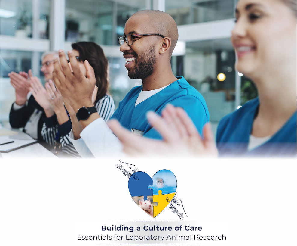 Individuals in a meeting room listening to a presentation with Building a Culture of Care logo underneath image