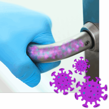 Gloved hand grabbing handle with illustrated UV light showing cross-contamination