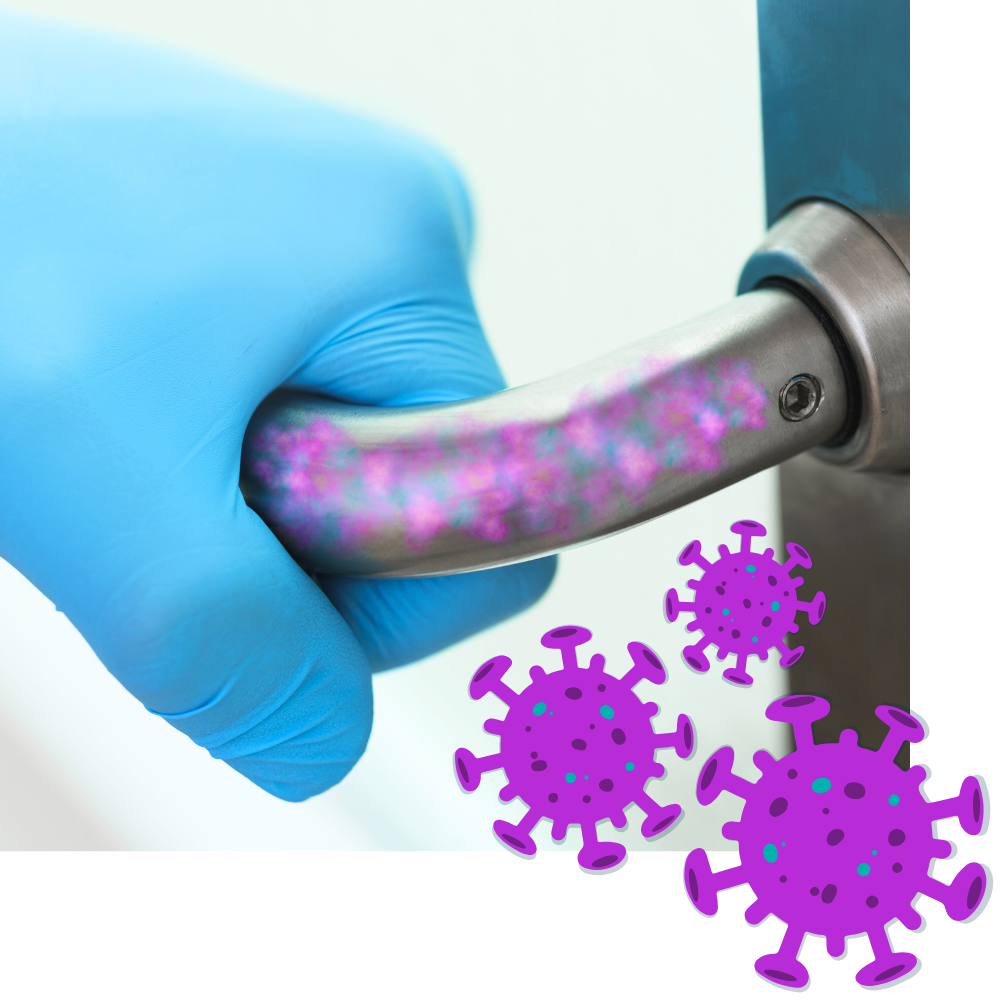 Gloved hand grabbing handle with illustrated UV light showing cross-contamination