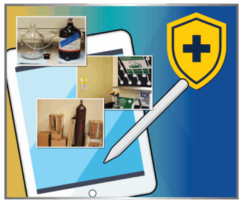 iPad and safety shield icon with sample images of safety-related deficiencies that will now be reported in the MI Safety Portal