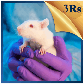 Picture of technician holding white rat with 3Rs emblem