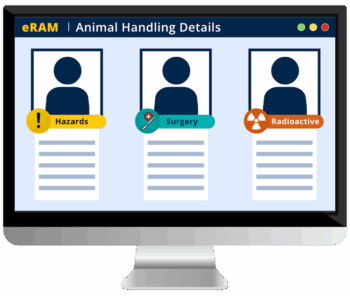 Simulated computer screen with training icons for hazards, surgery, and radioactive use
