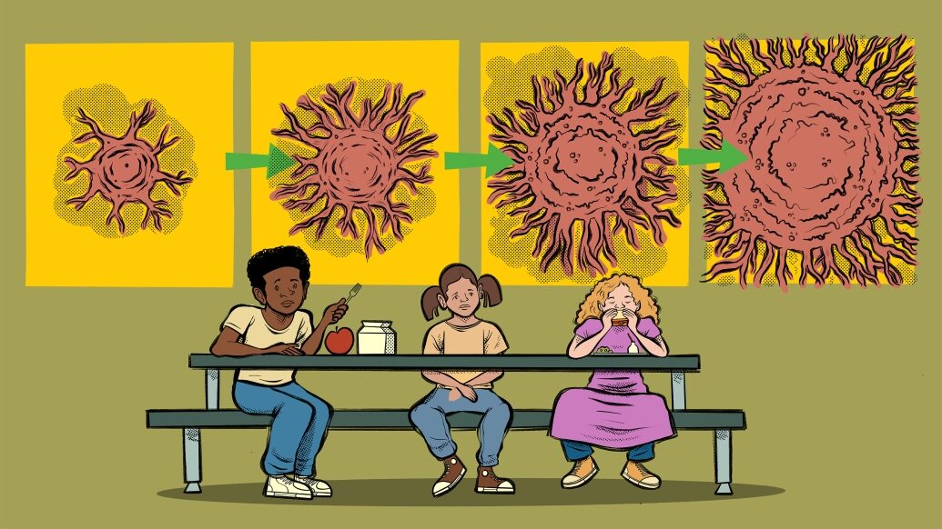 cells floating above brown green background kids underneath