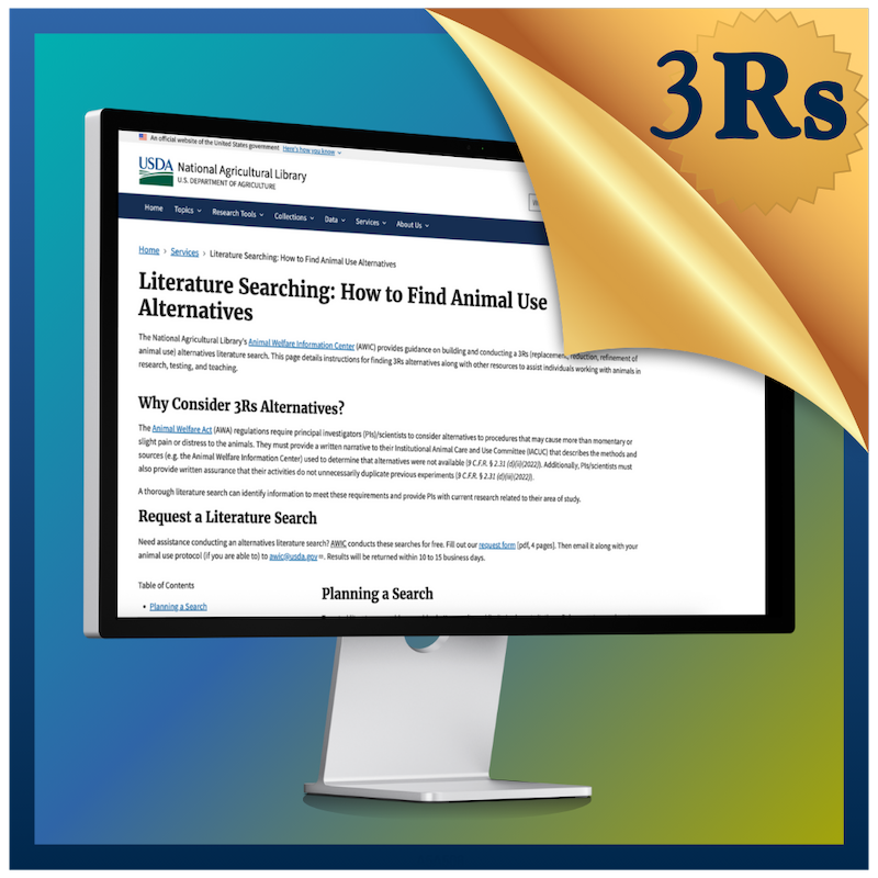 Computer with screenshot of USDA AWIC Literature Searching webpage and gold 3Rs logo