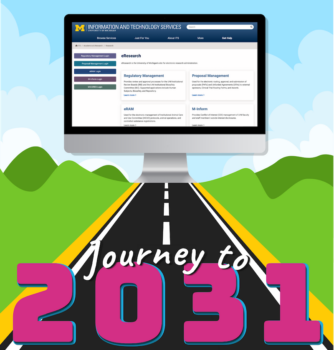 Road illustration with computer screenshot of eResearch software platform and Journey to 2031 text